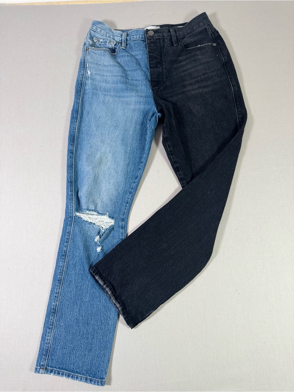 FRAME Le Sylvie Slender Straight Jeans Two Tone Black Blue Colorblock 29